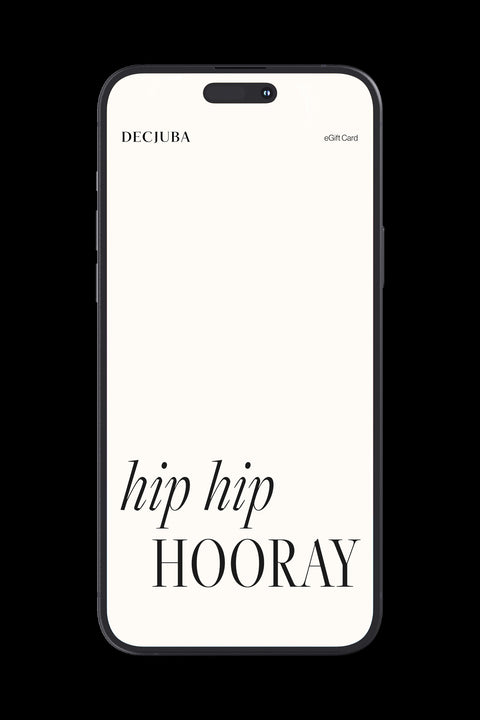 Smartphone displaying a minimalist digital eGift card with "hip hip HOORAY" text on a cream background