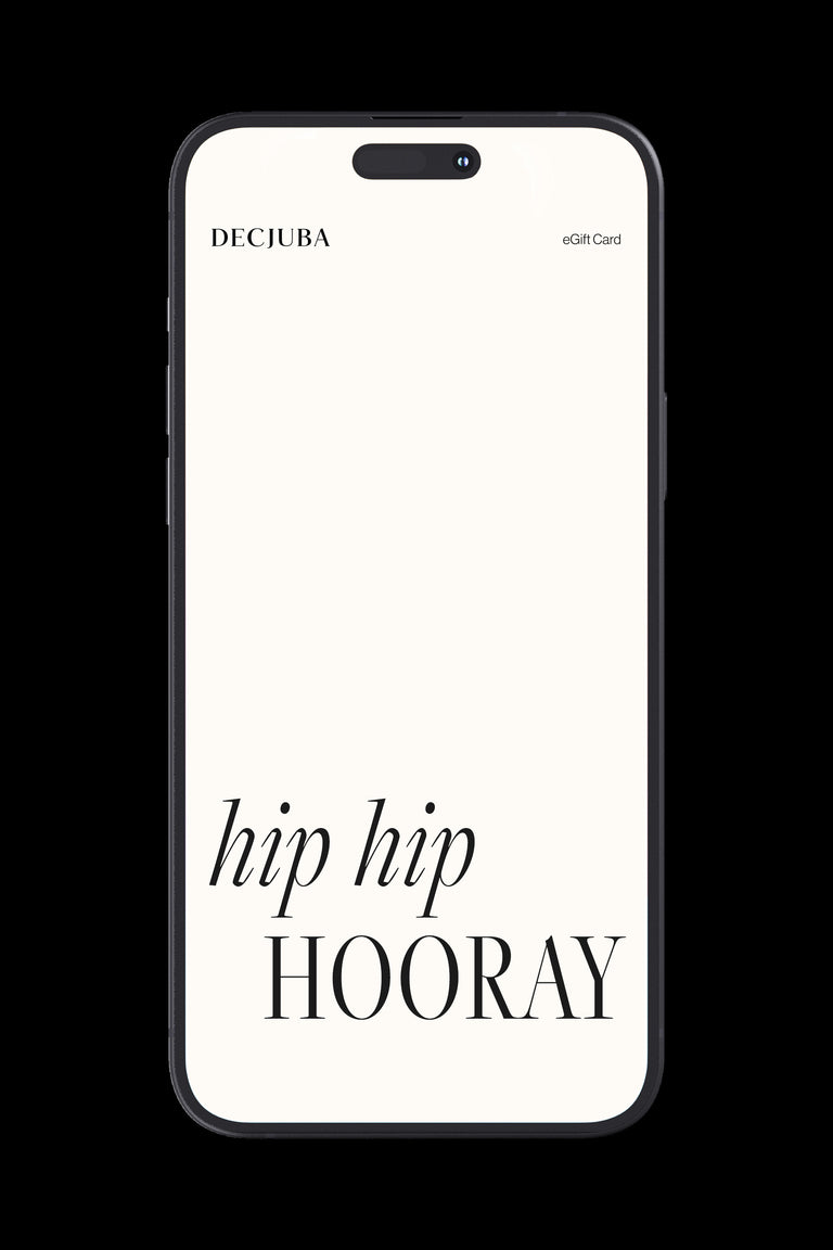 Smartphone displaying a minimalist digital eGift card with "hip hip HOORAY" text on a cream background
