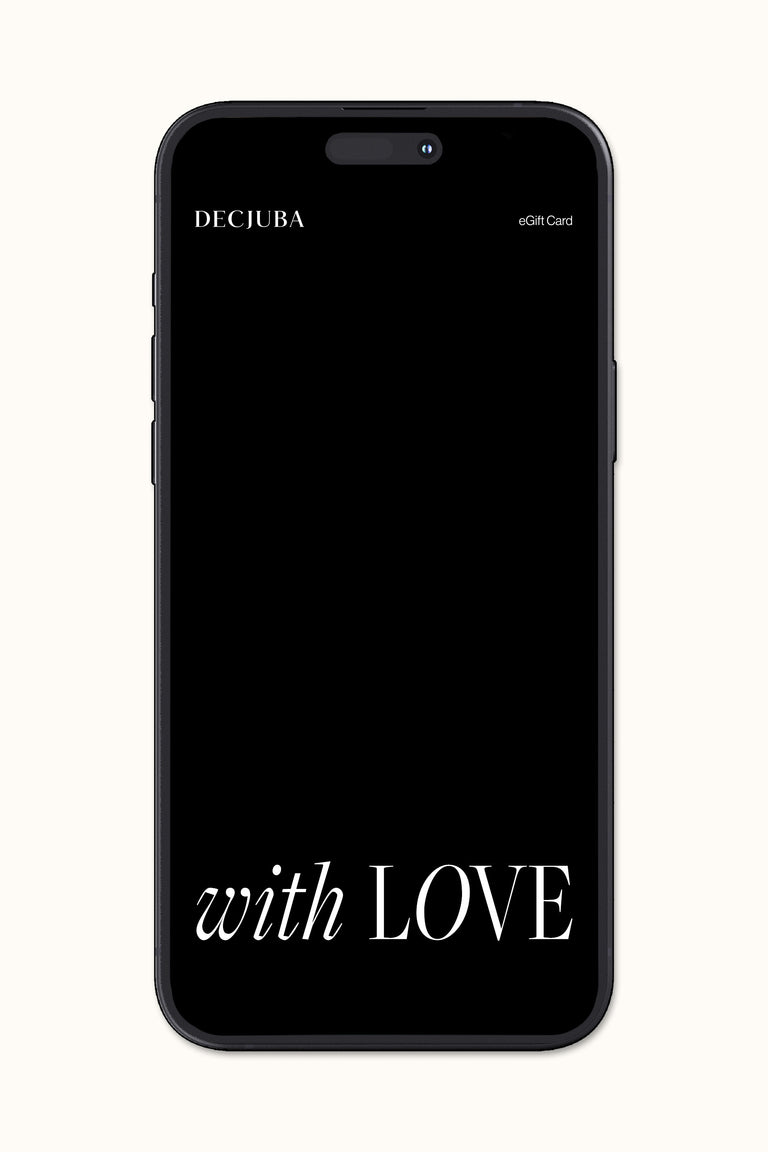 Smartphone screen displaying a minimal black eGift card with white "with LOVE" text from Decjuba.