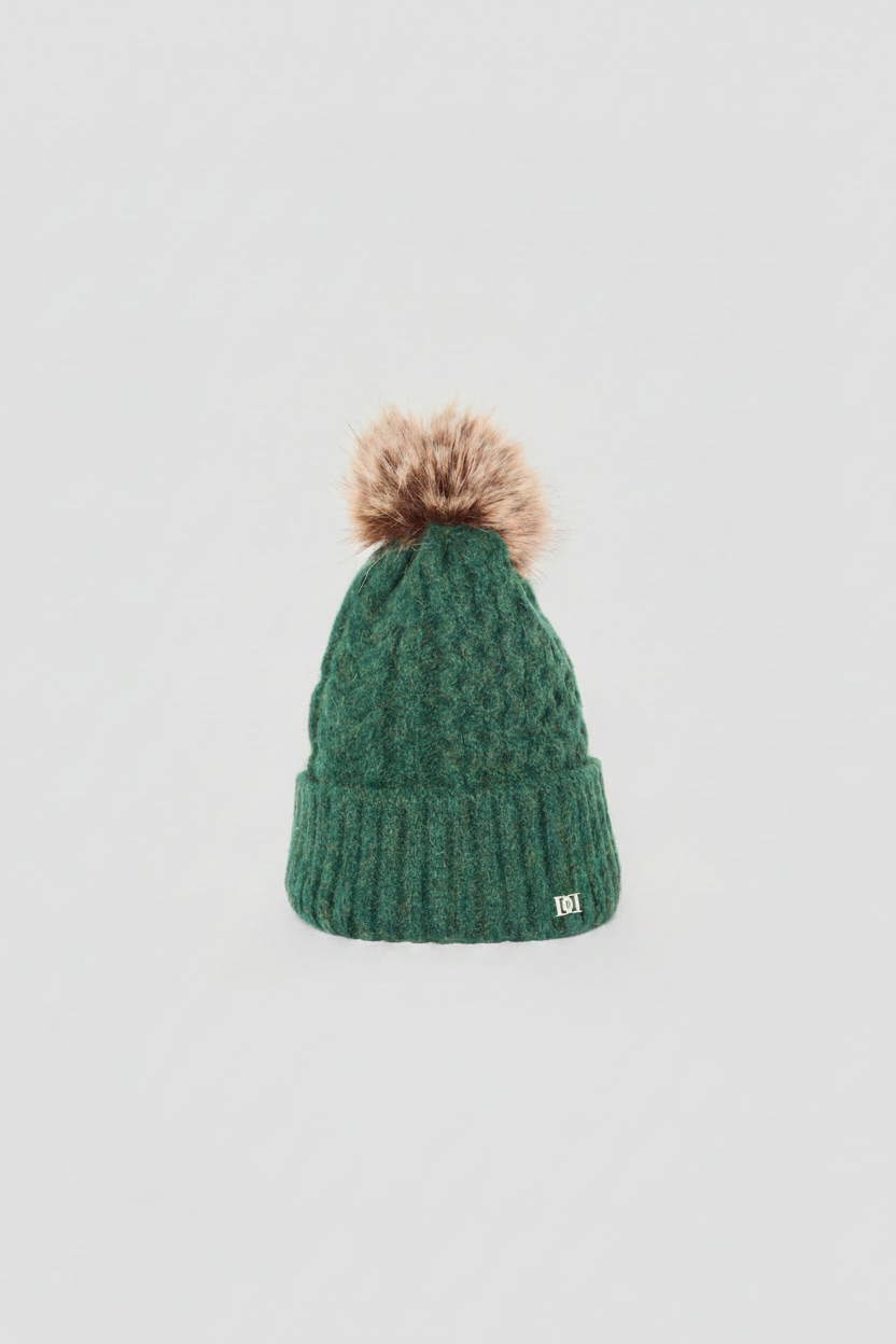 Green Beanie on Grey Background