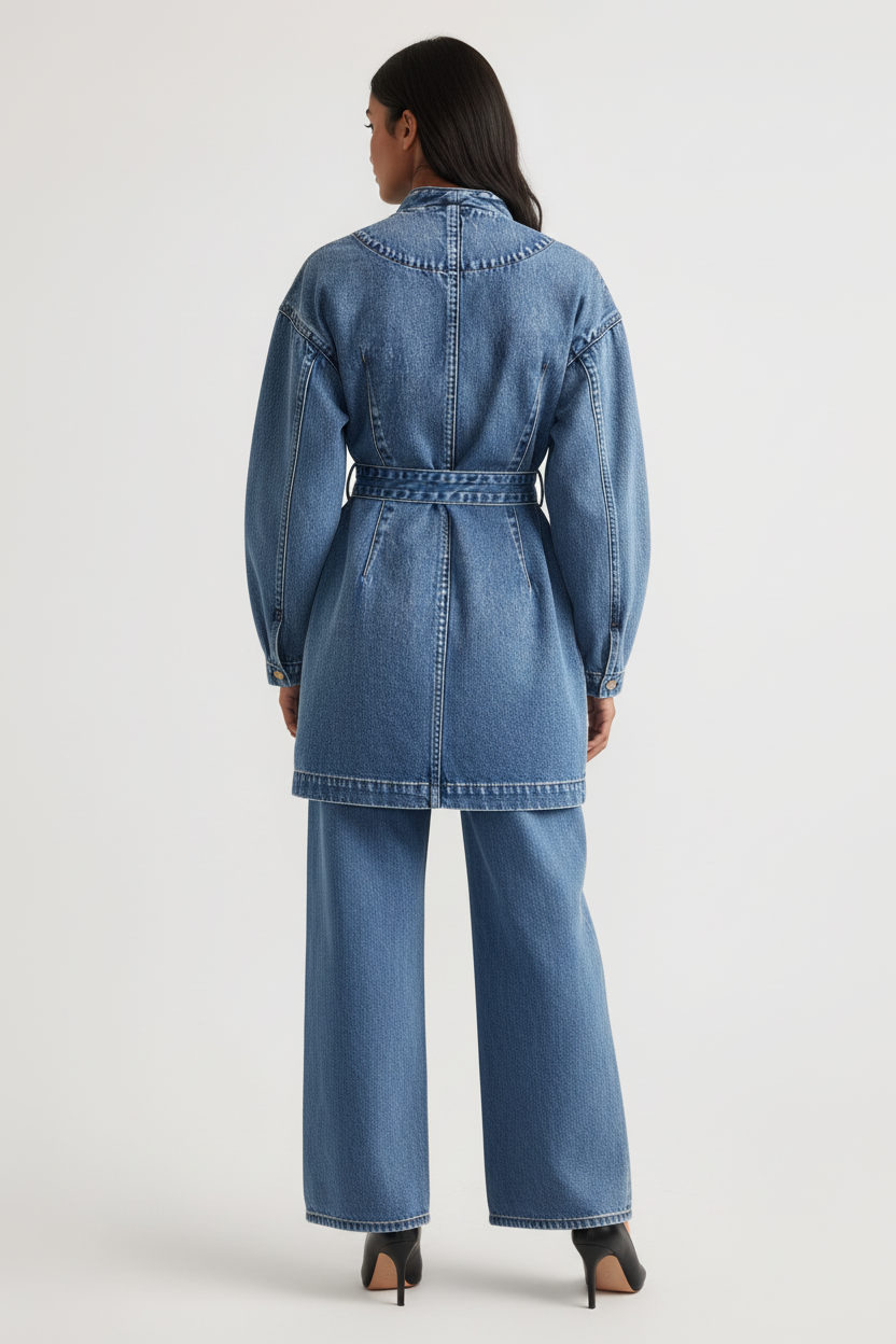Woman wearing Kylie Denim Blazer Dress in classic blue denim with belted waist and long sleeves paired with wide-leg jeans and heels