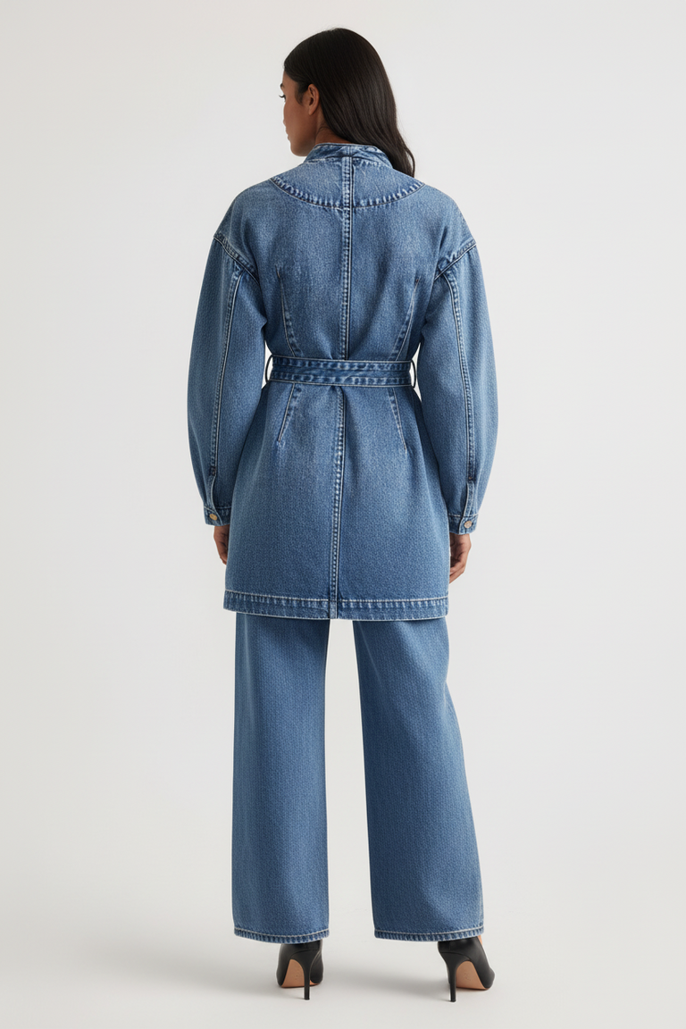 Woman wearing Kylie Denim Blazer Dress in classic blue denim with belted waist and long sleeves paired with wide-leg jeans and heels