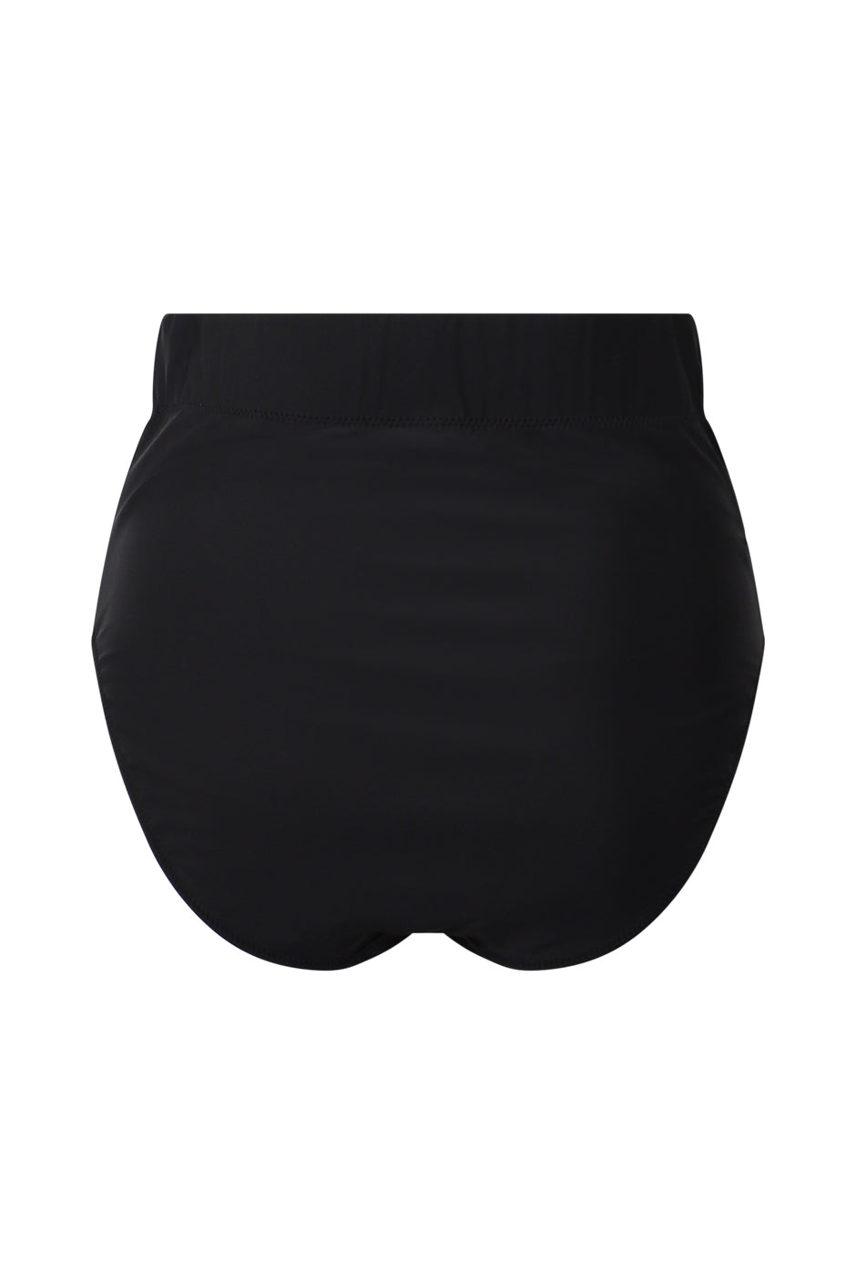 Black ultra high waist bikini bottom with smooth, sleek fabric and clean, simple silhouette shown flat.