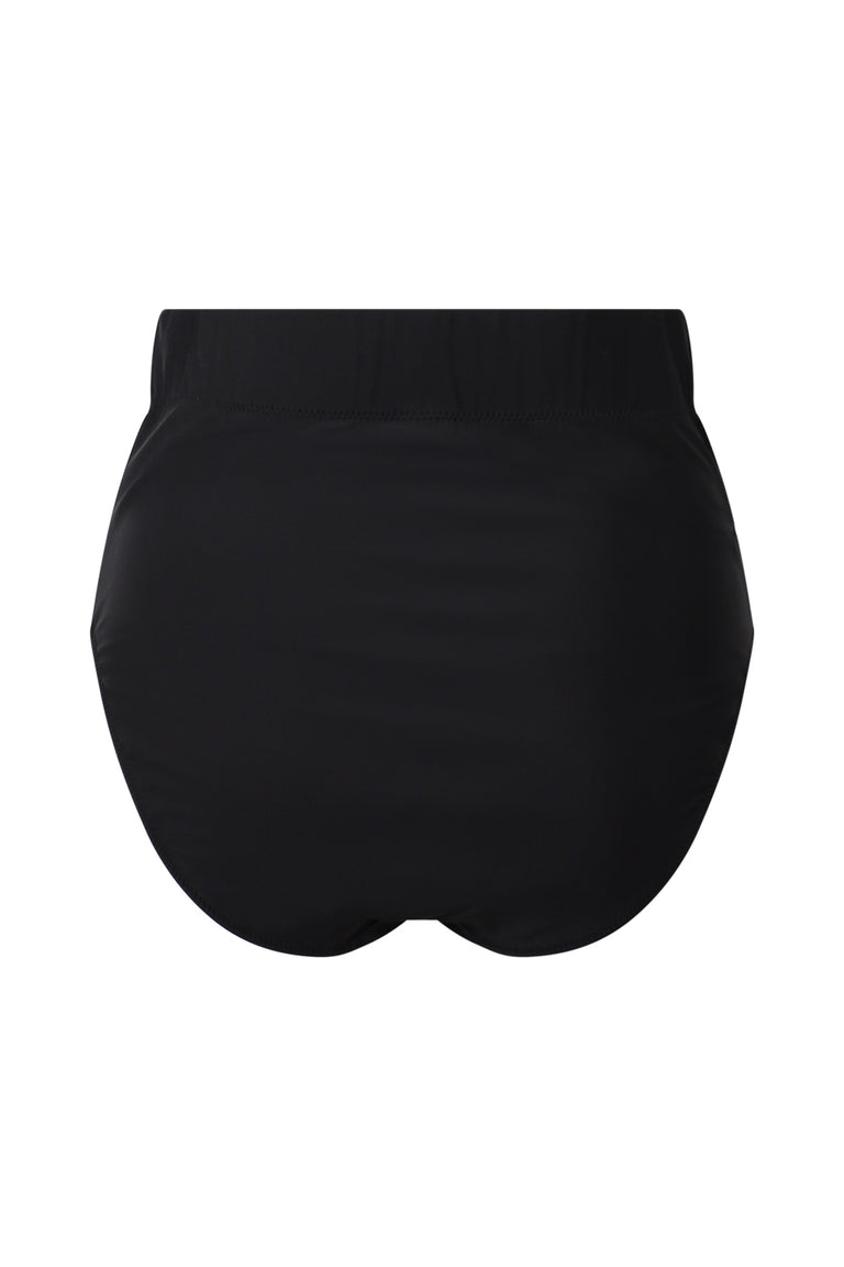 Black ultra high waist bikini bottom with smooth, sleek fabric and clean, simple silhouette shown flat.
