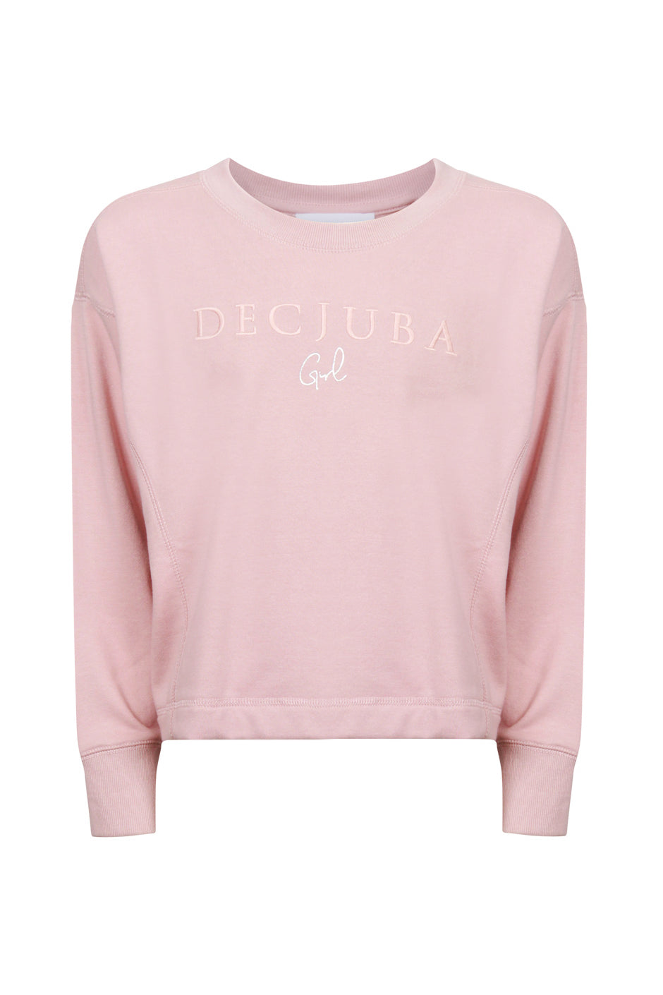 Pink girls cropped crew neck sweatshirt with tonal Decjuba logo and ribbed trims