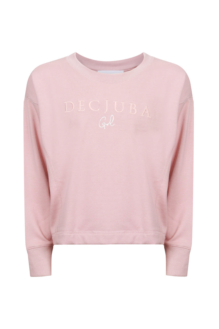 Pink girls cropped crew neck sweatshirt with tonal Decjuba logo and ribbed trims